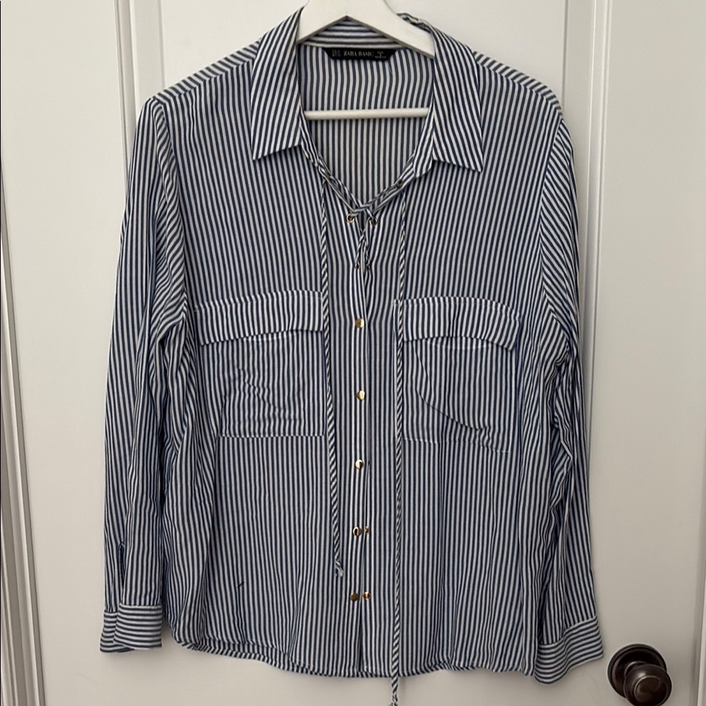 Zara Striped Blue and White Women’s Shirt with Front Lace-Up